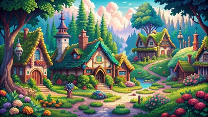 Obraz premium Experience a captivating pixel art animation, depicting a magical elven village with a mystical hamlet front view, utilizing a triadic color scheme for surreal realism.