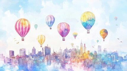 Obraz premium A dreamy watercolor scene of hot air balloons floating over a colorful city skyline.
