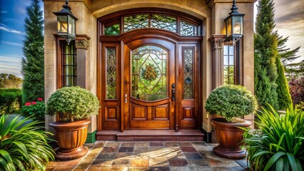 Obraz premium Experience a majestic entrance with a mahogany door and leaded glass windows, showcasing classic architecture, timeless design, exquisite details, and a charming, inviting facade.