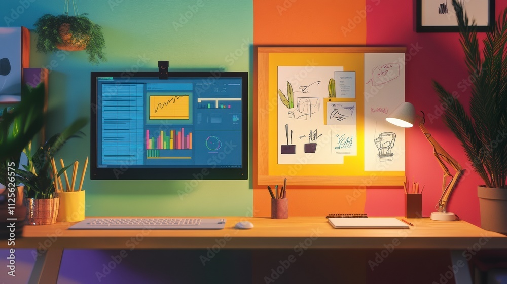 Poster dual workspace featuring a modern minimalist setup on one side and an artistic display on the other,