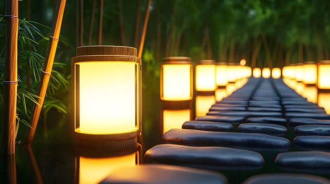 Pathway lined with glowing lanterns in a tranquil forest, each light symbolizing milestones of customer satisfaction guiding to a promising horizon--style raw
