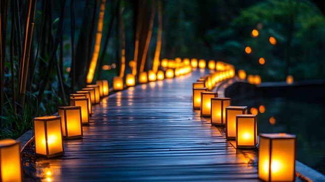 Pathway lined with glowing lanterns in a tranquil forest, each light symbolizing milestones of customer satisfaction guiding to a promising horizon--style raw
