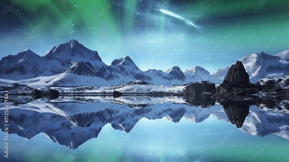 Wall mural antarctica aurora green and mountains reflected on water surface loop generative ai
