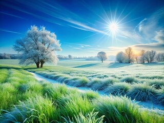 Experience winter tranquility with this stunning grassland image under a vibrant blue sky. Ideal for nature lovers and seasonal decor enthusiasts looking to enhance their spaces.