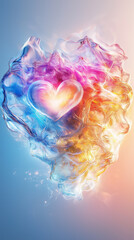 A heart-shaped nebula radiates vibrant blue, pink, and yellow hues, creating a romantic cosmic glow