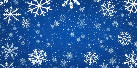 A festive winter background featuring various snowflakes on a blue backdrop.