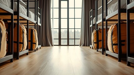 Cozy hostel room with bunk beds, wooden floor, large windows, minimalistic decor, soft natural light filling the room, travelers' backpacks neatly arranged