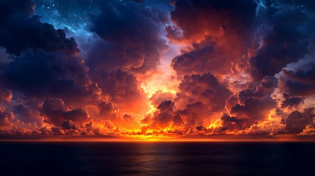 Dramatic sunset over ocean with vibrant clouds, celestial seascape. Nature and tranquility concept