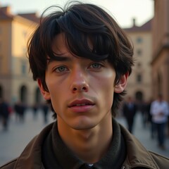 A young man with wavy dark hair and green eyes wearing a hoodie in a cityscape, evening light ambiance. Generative, AI.