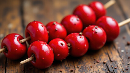 A close-up photo of tang hulu with red fruit on a wooden table.