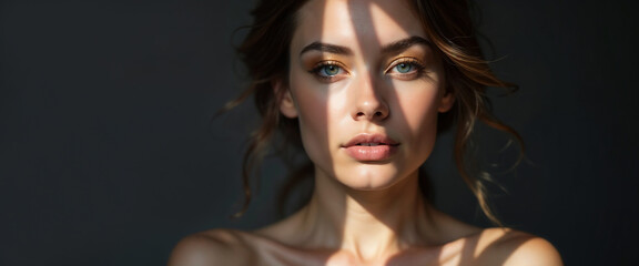 Naklejka premium Portrait of a woman with soft natural lighting highlighting her elegant features, creating a serene and graceful atmosphere. Shadows enhance the gentle expression, emphasizing beauty and tranquility. 