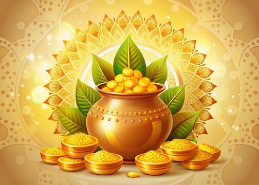 Festive vector art depicting Akshaya Tritiya with a golden kalash filled with coins, symbolizing prosperity and abundance for vibrant cultural celebrations. Perfect for festive occasions.