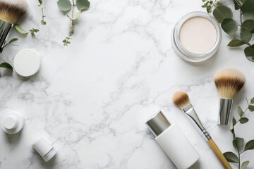 A flat lay of cosmetic products and brushes on a marble surface with greenery.