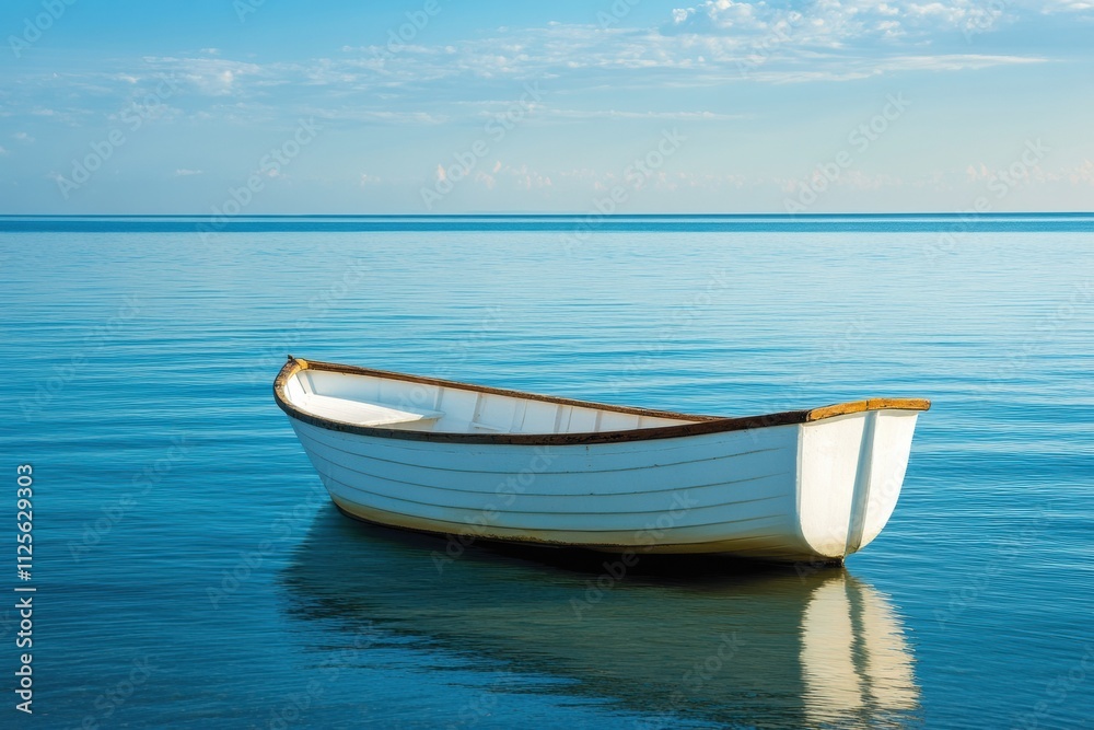 Fototapete A solitary boat floats peacefully on tranquil water, creating a serene setting perfect for reflection and mindfulness. Ideal for adding text. Generative AI