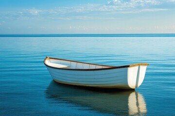 Fototapeta premium A solitary boat floats peacefully on tranquil water, creating a serene setting perfect for reflection and mindfulness. Ideal for adding text. Generative AI