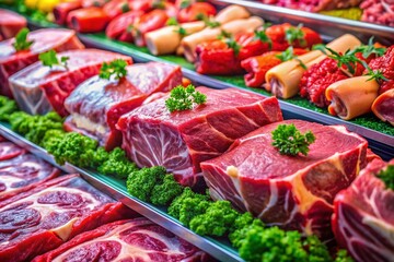 Fresh Cuts of Raw Red Meat Displayed in Supermarket - Double Exposure Photography of Meats, Butchery, and Culinary Art