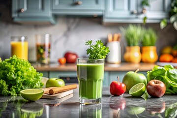 Fresh green juice on a marble countertop sets a vibrant tone for a healthy morning routine, offering a refreshing and nutritious start to your day.