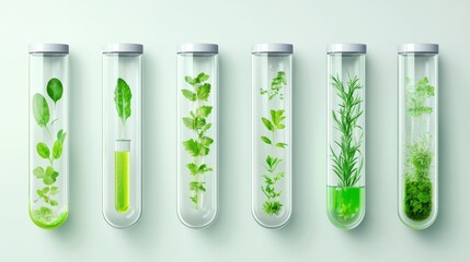 Collection of green plants in test tubes on light background
