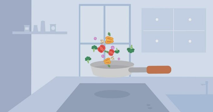 animated cooking healthy vegetables in the kitchen