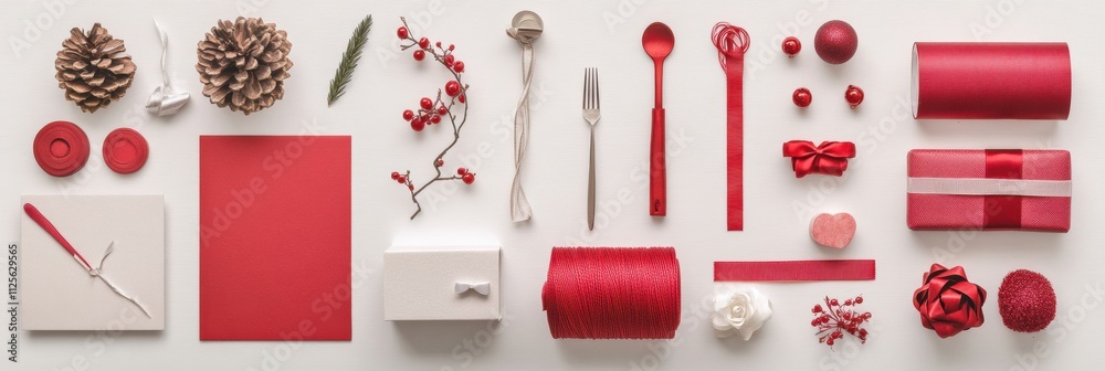 Fototapete colorful gift wrapping materials including paper, ribbons, and decorative items are neatly displayed