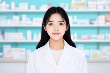 Asian female young pharmacist in white coat at pharmacy counter smiling