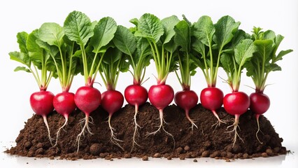 Fresh red radishes with green tops, nestled in rich soil. Vibrant organic vegetables embodying nature’s bounty, ideal for healthy eating and farm-to-table culinary delights.