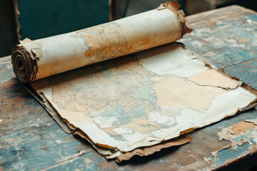 Stargazing, An aged, rolled map with torn edges lies on a wooden surface, showcasing a vintage aesthetic and historical allure.