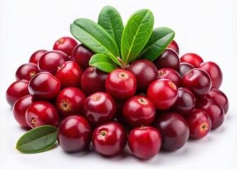 Fresh, ripe cranberries adorned with green leaves, elegantly displayed on a white background, ideal for culinary and health-related imagery and creative design projects.