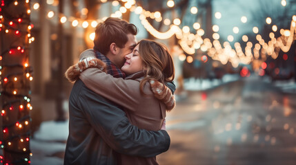 Young Couple Embracing by Christmas Lights on the Street. A young couple in love, hugging in the warm glow of Christmas lights strung along a city street