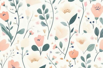 A floral pattern featuring various pastel-colored flowers and greenery on a light background.