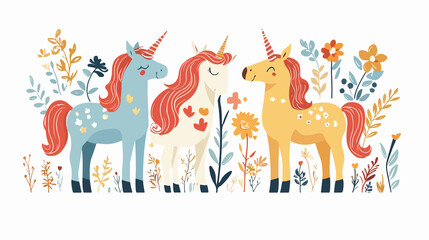 Enchanting unicorns surrounded by animals, flowers, plants, and leaves