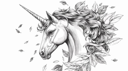 Whimsical unicorn with leaves, vector graphic for illustrations and designs