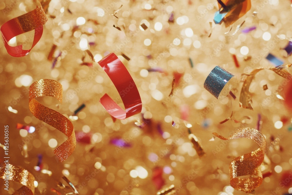 Aufkleber vibrant confetti and curling ribbons cascade against a sparkling golden backdrop, embodying a joyous