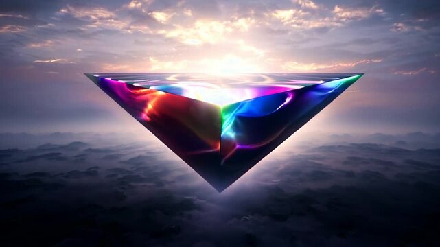 A massive triangle floating in a surreal environment, each side glowing with shifting colors. The triangle appears to elongate endlessly into a misty horizon