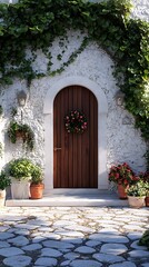 Naklejka premium Rustic door stone wall with flowers high resolution image