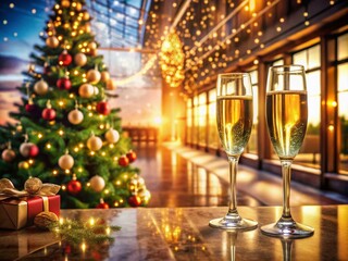Glittering champagne glasses clink under twinkling lights, as guests mingle around a beautifully adorned tree, celebrating the holiday spirit at a sophisticated corporate event.