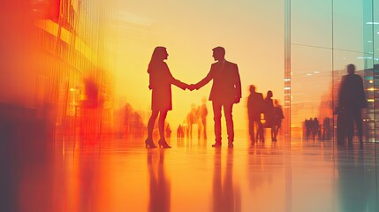 Fototapeta premium Silhouetted businesspeople shaking hands in a busy modern city setting at sunset.