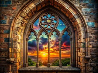 Fototapeta premium Gorgeous PNG Gothic arched window featuring detailed stonework, embodying architectural elegance and historical allure, beautifully captured in candid photography for visual storytelling.