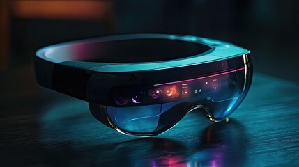 Futuristic augmented reality glasses on table.