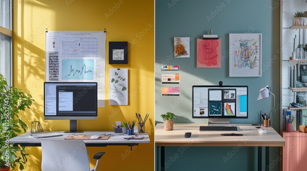 Poster Two unique workspace designs showcase the harmony of minimalism and creativity, with vibrant colors and ample space for personalization. Generative AI