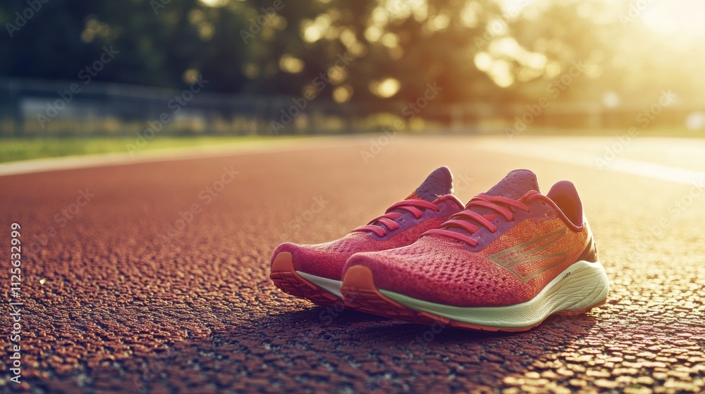 Leinwandbilder a pair of bright running shoes rests on a red track, illuminated by the warm glow of the setting sun
