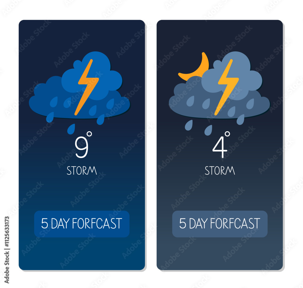 Wall mural Weather forecast showing storm with rain and lightning for the next five days