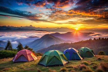 Immerse yourself in a stunning sunset camping trip, surrounded by towering mountains and magical bokeh, where nature enthusiasts and adventurers embrace the wild together.