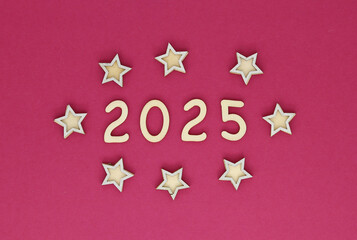 New Year's greeting card with the year 2025 and stars on a purple background