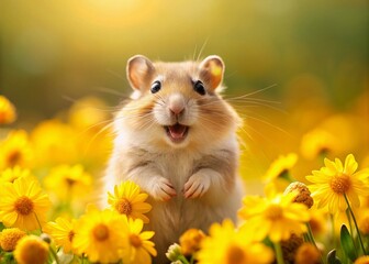In a bright floral landscape, a happy small creature explores a field of yellow blooms, embodying a whimsical spirit and capturing the essence of joyful wildlife.