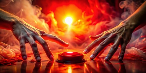 In a dreamlike haze, ethereal hands gently approach a striking red emergency button, surrounded by swirling colors and a sense of impending significance, captivating the imagination.