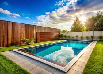 In a modern home's fenced backyard, a rectangular swimming pool featuring brown concrete edges is captured through stunning macro photography, showcasing a tranquil outdoor retreat.