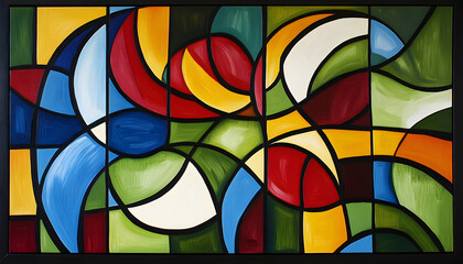 Fototapeta premium Vibrant abstract art painting, bold colors, geometric shapes, stained-glass style, modern artwork, colorful composition, contemporary art, wall art.