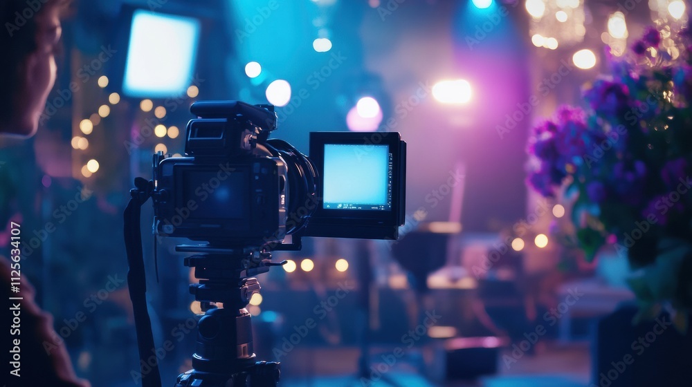 Aufkleber a professional interview is being recorded in a television studio, showcasing media technologies wit