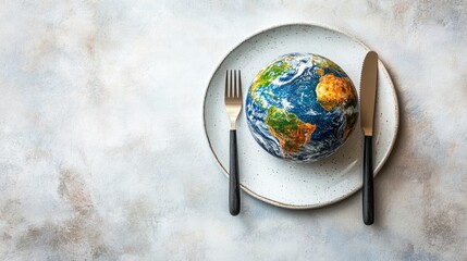 Globe on a plate with fork and knife on a light background, Wworld Food Day concept background wallpaper